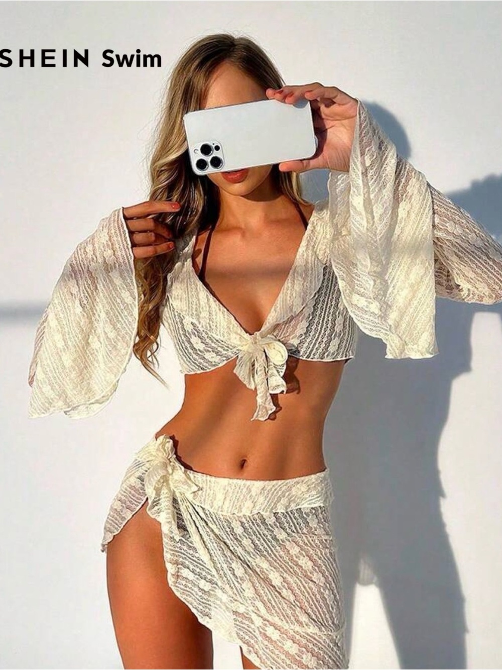 SHEIN Swim Ivory Lace Tie-Front Cover-Up Set